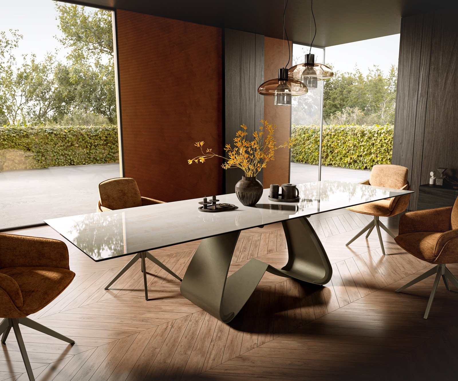 Esstisch Edge 300x100 cm Keramik Onyx Champagne W-Gestell Metall Effektfinish Titan