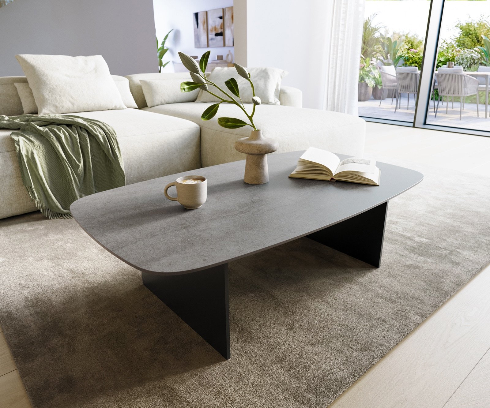 Couchtisch Edge Boot 120x70 cm Keramik Beton Grau Salto Metall Schwarz