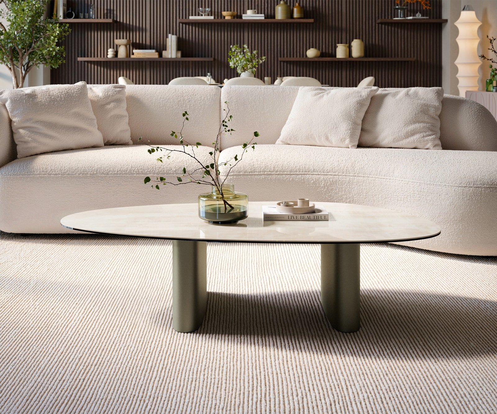 Couchtisch Edge Oval 140x75 cm Keramik Onyx Champagne Ovada Effektfinish Titan