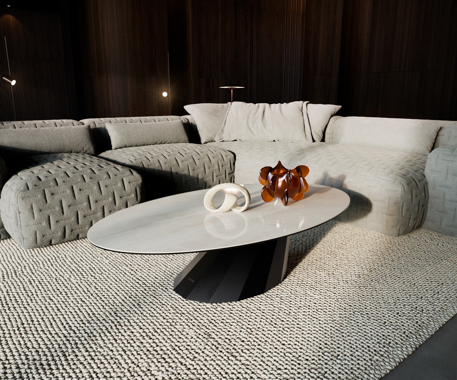 Couchtisch Edge Oval 140x80 cm Keramik Onyx Champagne Parabi Metall Schwarz