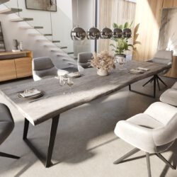 Esstisch Edge 300x100 XL Akazie Platin Metall Schräg Live-Edge