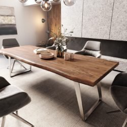 Esstisch Edge 260x100cm XL Akazie Braun Edelstahl Silber schräg Live-Edge
