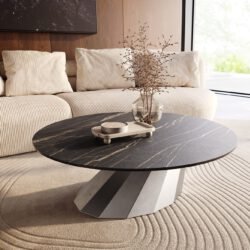 Couchtisch Edge Rund 100x100 cm Keramik Laminam® Noir Desir Braun Parabi Edelstahl gebürstet