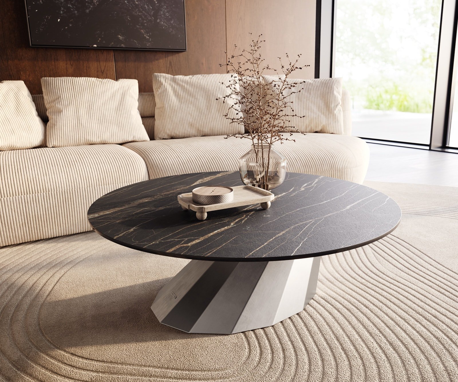 Couchtisch Edge Rund 100x100 cm Keramik Laminam® Noir Desir Braun Parabi Edelstahl gebürstet