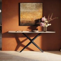 Konsolentisch Edge Boot 180x40 cm Keramik Laminam® Travertino Bianco Creme-Weiß Estelo Metall Schwarz