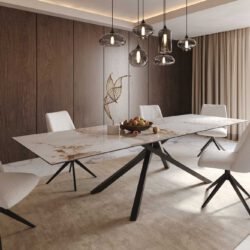 Esstisch Edge 300x100 Keramik Minas Melange Weiß-Beige Kreuzgestell Rechteck Schwarz