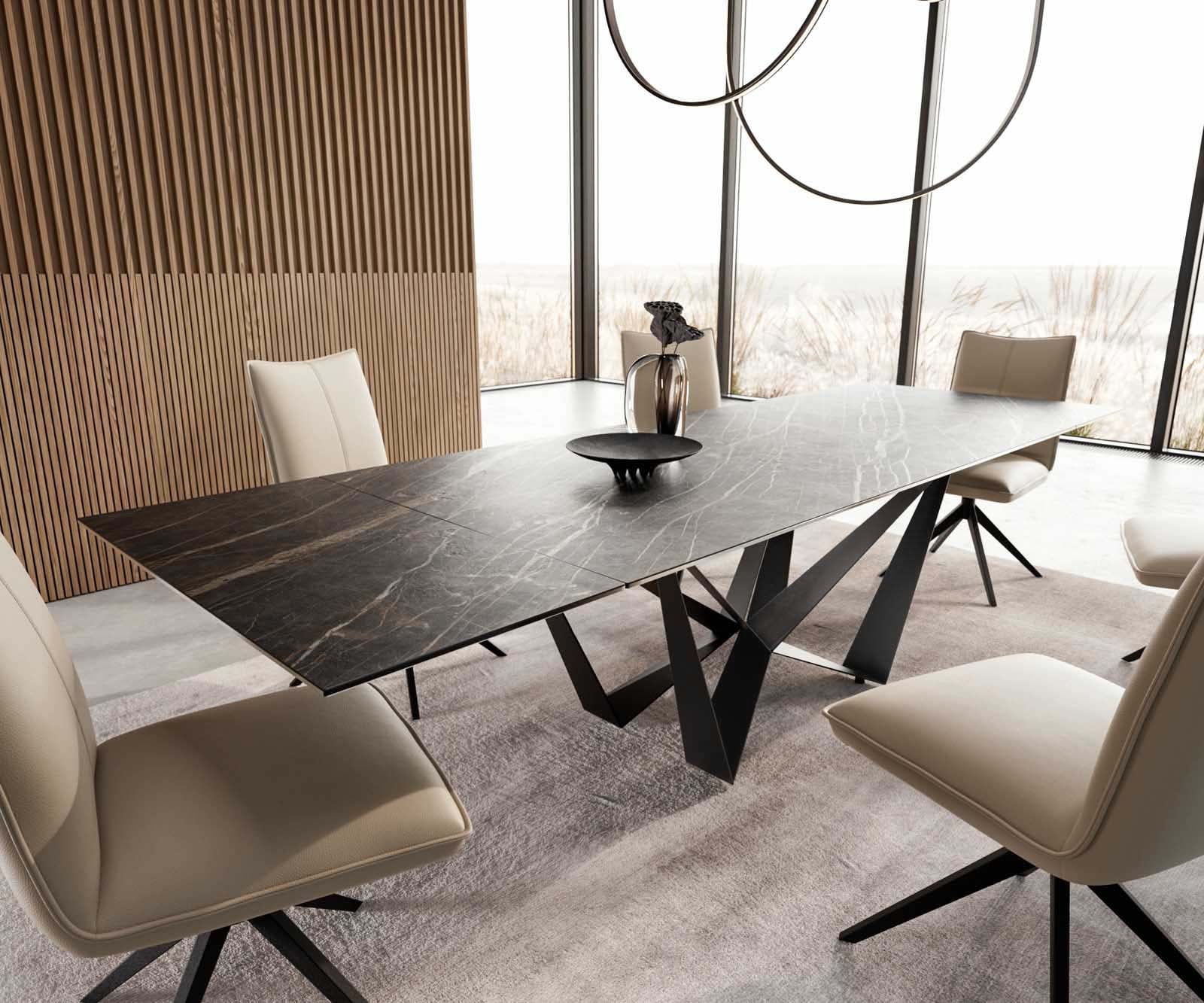 Esstisch Edge 200-300x100 Keramik Laminam®Noir Desir Braun Spider Flachstahl Schwarz ausziehbar