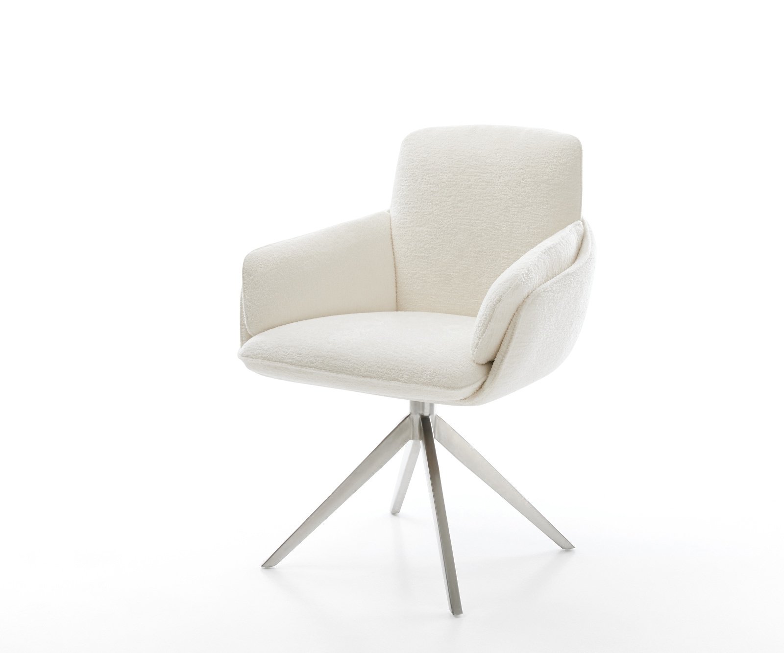 Drehstuhl Luan-Flex mit Armlehnen Bouclé Soft Beige Kreuzgestell breit Edelstahl 360° drehbar Wippfunktion