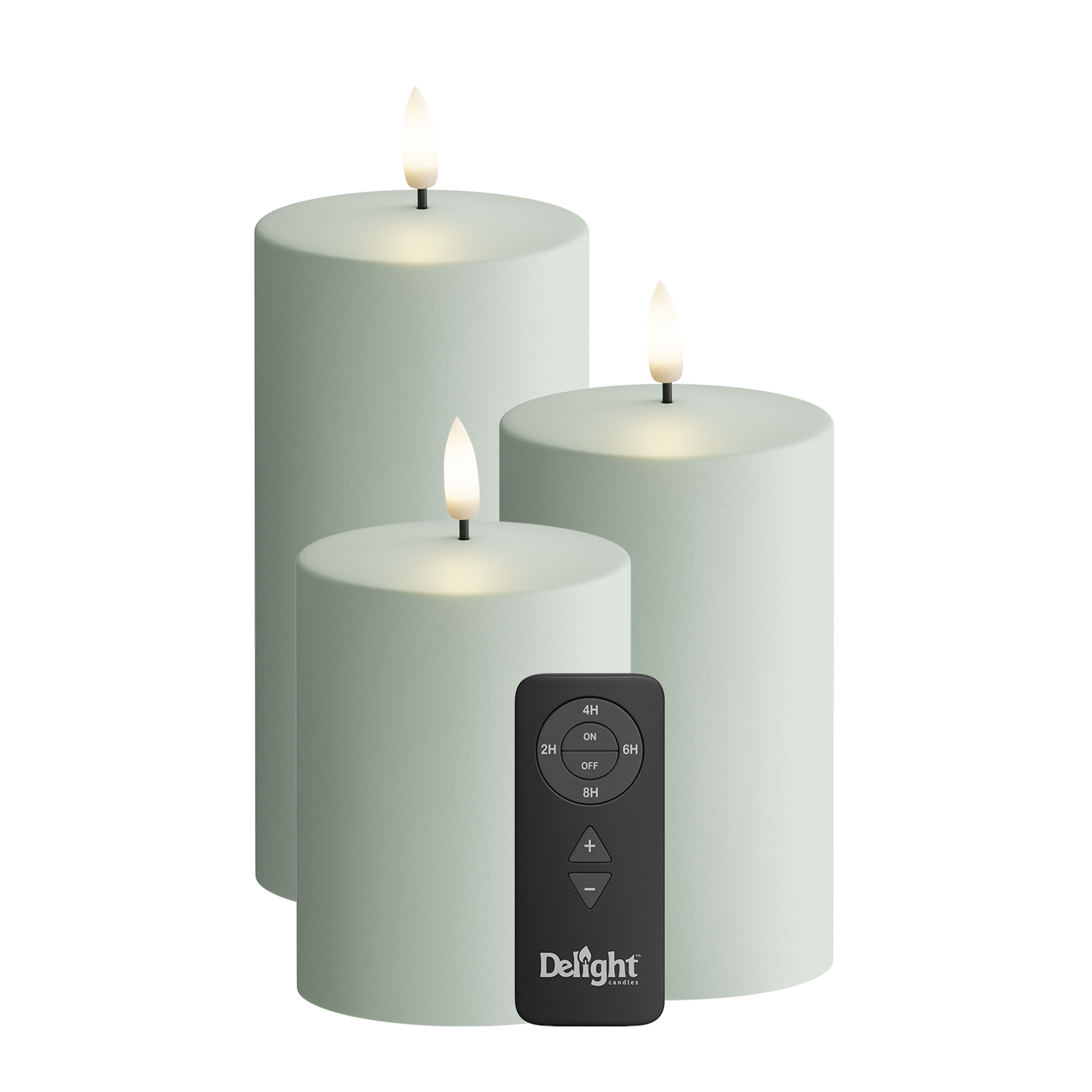 Draußen LED Blockkerzen 3er-Pack, Ø 7,5 x 10/12,5/15 cm Salbeigrün