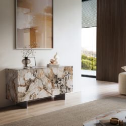 Sideboard Cuor 150 cm Keramik Patagonia Poliert 3 Türen Fuß Schwebeoptik Edelstahl