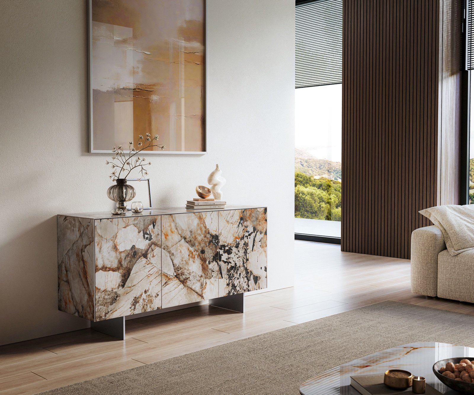 Sideboard Cuor 150 cm Keramik Patagonia Poliert 3 Türen Fuß Schwebeoptik Edelstahl