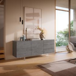 Sideboard Cuor 180 cm Keramik Beton Grau 2 Türen 3 Schubfächer Fuß Schwebeoptik Acrylglas