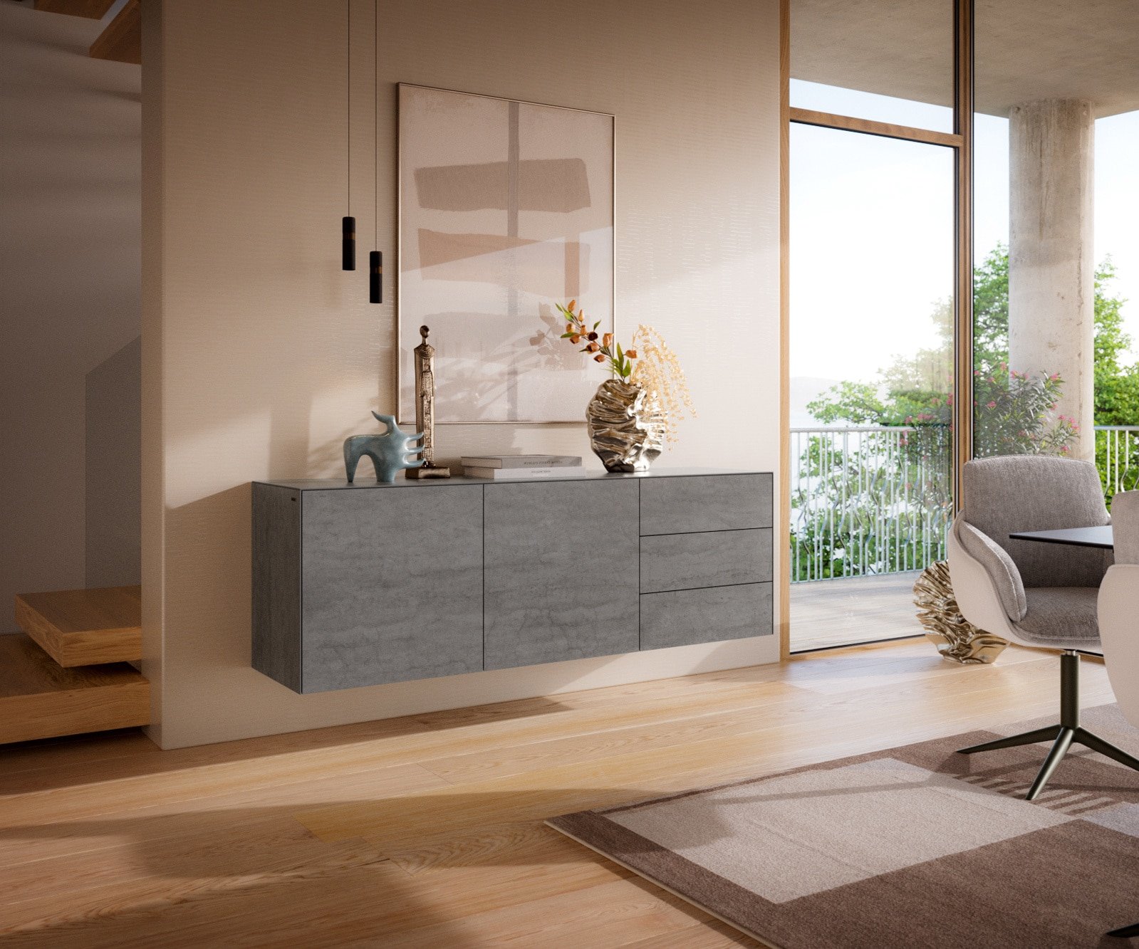 Sideboard Cuor 180 cm Keramik Beton Grau 2 Türen 3 Schubfächer Schwebend