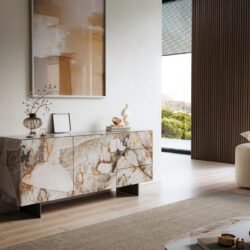 Sideboard Cuor 180 cm Keramik Patagonia Poliert 2 Türen 3 Schubfächer Fuß Schwebeoptik Metall Schwarz