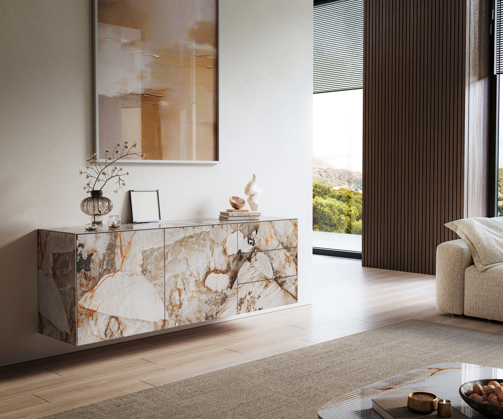 Sideboard Cuor 180 cm Keramik Patagonia Poliert 2 Türen 3 Schubfächer Schwebend
