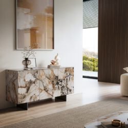Sideboard Cuor 150 cm Keramik Patagonia Poliert 3 Türen Fuß Schwebeoptik Metall Schwarz