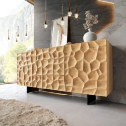 Sideboard Solu 175 cm Eiche Natur 2 Türen 3 Schübe Fuß schwebend Metall Schwarz 3D-Front