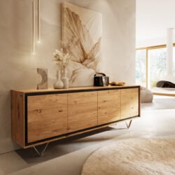 Sideboard Stonegrace 200 cm Eiche Natur 4 Türen Steinfurnier V-Fuß Edelstahl
