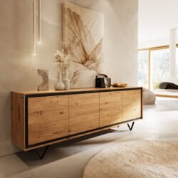 Sideboard Stonegrace 200 cm Eiche Natur 4 Türen Steinfurnier V-Fuß Metall Schwarz