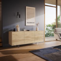Sideboard Cuor 180 cm Keramik Laminam® Sabbia Eichefarbig 2 Türen 3 Schubfächer Fuß Schwebeoptik Acrylglas