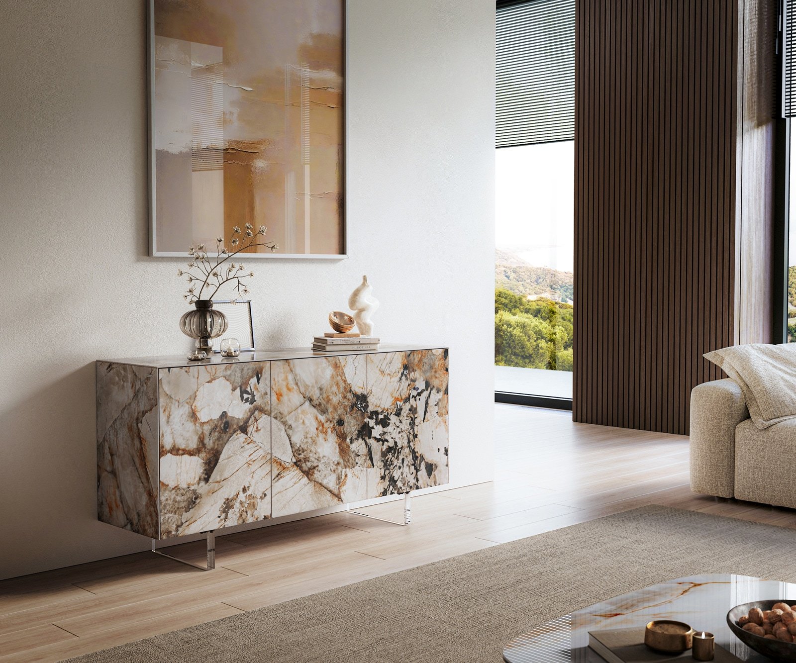 Sideboard Cuor 150 cm Keramik Patagonia Poliert 3 Türen Fuß Schwebeoptik Acrylglas