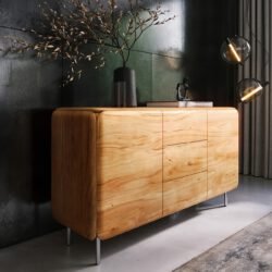 Sideboard Shavani 145 cm Akazie Natur 2 Türen 3 Schubladen Rundfuß Edelstahl Silber