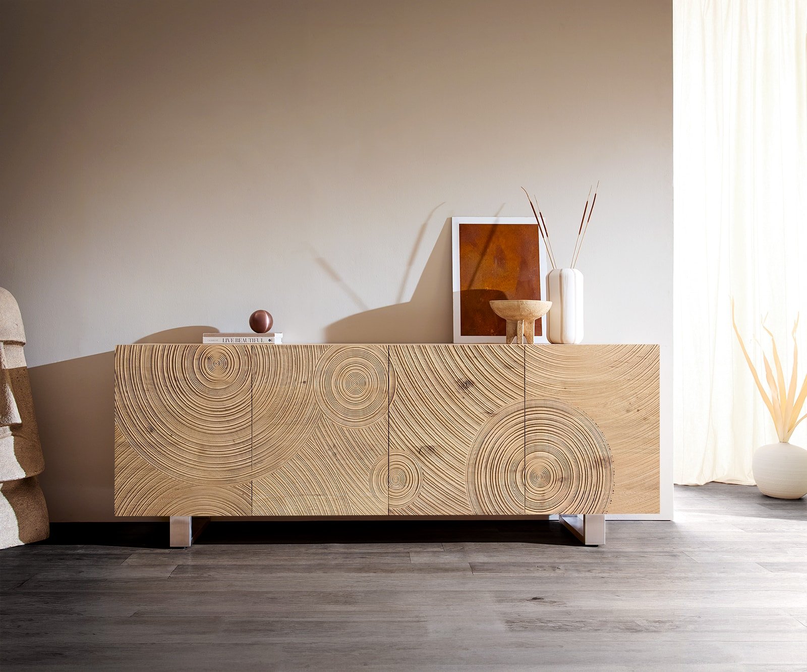 Sideboard Ashara 200 cm Eiche Natur 3D Effekt 4 Türen Kufe Edelstahl gebürstet