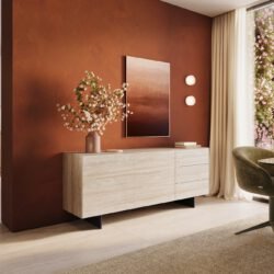 Sideboard Cuor 180 cm Keramik Laminam® Travertino Bianco Creme-Weiß 2 Türen 3 Schubfächer Fuß Schwebeoptik Metall Schwarz