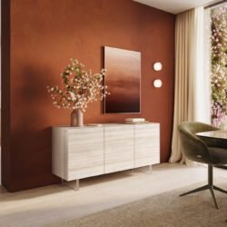Sideboard Cuor 150 cm Keramik Laminam® Travertino Bianco Creme-Weiß 3 Türen Fuß Schwebeoptik Acrylglas