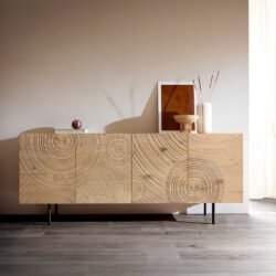 Sideboard Ashara 200 cm Eiche Natur 3D Effekt 4 Türen Rundfuß Metall Schwarz