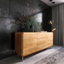 Sideboard Shavani 175 cm Akazie Natur 2 Türen 3 Schubladen Rundfuß Edelstahl Silber