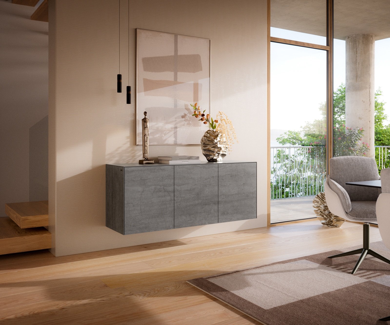 Sideboard Cuor 150 cm Keramik Beton Grau 3 Türen Schwebend