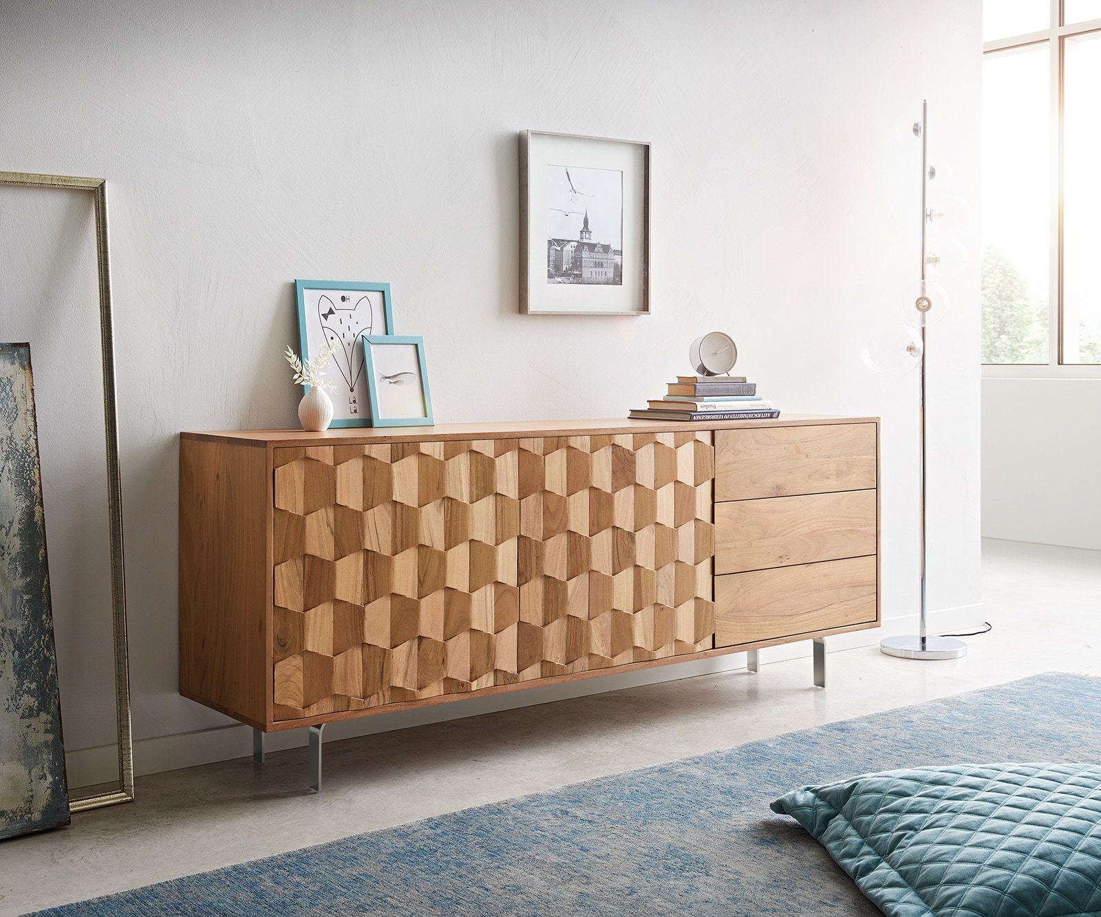 Sideboard Fevo 175 cm Akazie Natur 2 Türen 3 Schubfächer L-Fuß