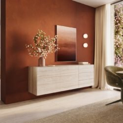 Sideboard Cuor 180 cm Keramik Laminam® Travertino Bianco Creme-Weiß 2 Türen 3 Schubfächer Schwebend