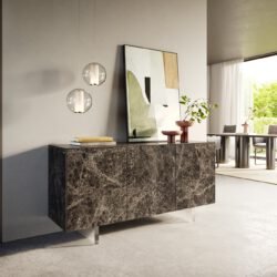 Sideboard Cuor 150 cm Keramik Emperador Extra Lucidato Dunkelbraun 3 Türen Fuß Schwebeoptik Acrylglas