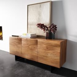 Sideboard New Live-Edge 145 cm Akazie Natur 3 Türen Fuß Schwebeoptik Metall Schwarz
