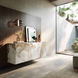 Sideboard Cuor 150 cm Keramik Minas Melange Weiß-Beige 3 Türen Schwebend
