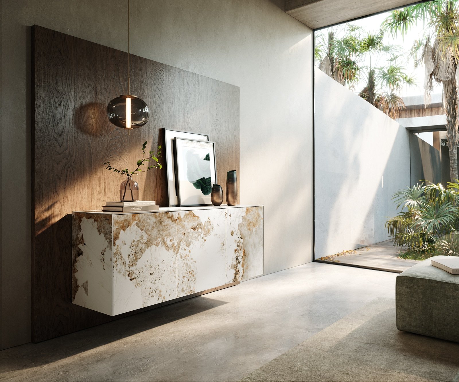 Sideboard Cuor 150 cm Keramik Minas Melange Weiß-Beige 3 Türen Schwebend