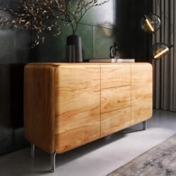 Sideboard Shavani 145 cm Akazie Natur 2 Türen 3 Schubladen L-Fuß Edelstahl Silber