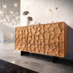Sideboard Solu 145 cm Akazie Natur 2 Türen 3 Schübe Fuß schwebend Metall Schwarz 3D-Front