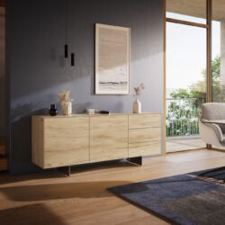 Sideboard Cuor 180 cm Keramik Laminam® Sabbia Eichefarbig 2 Türen 3 Schubfächer Fuß Schwebeoptik Edelstahl
