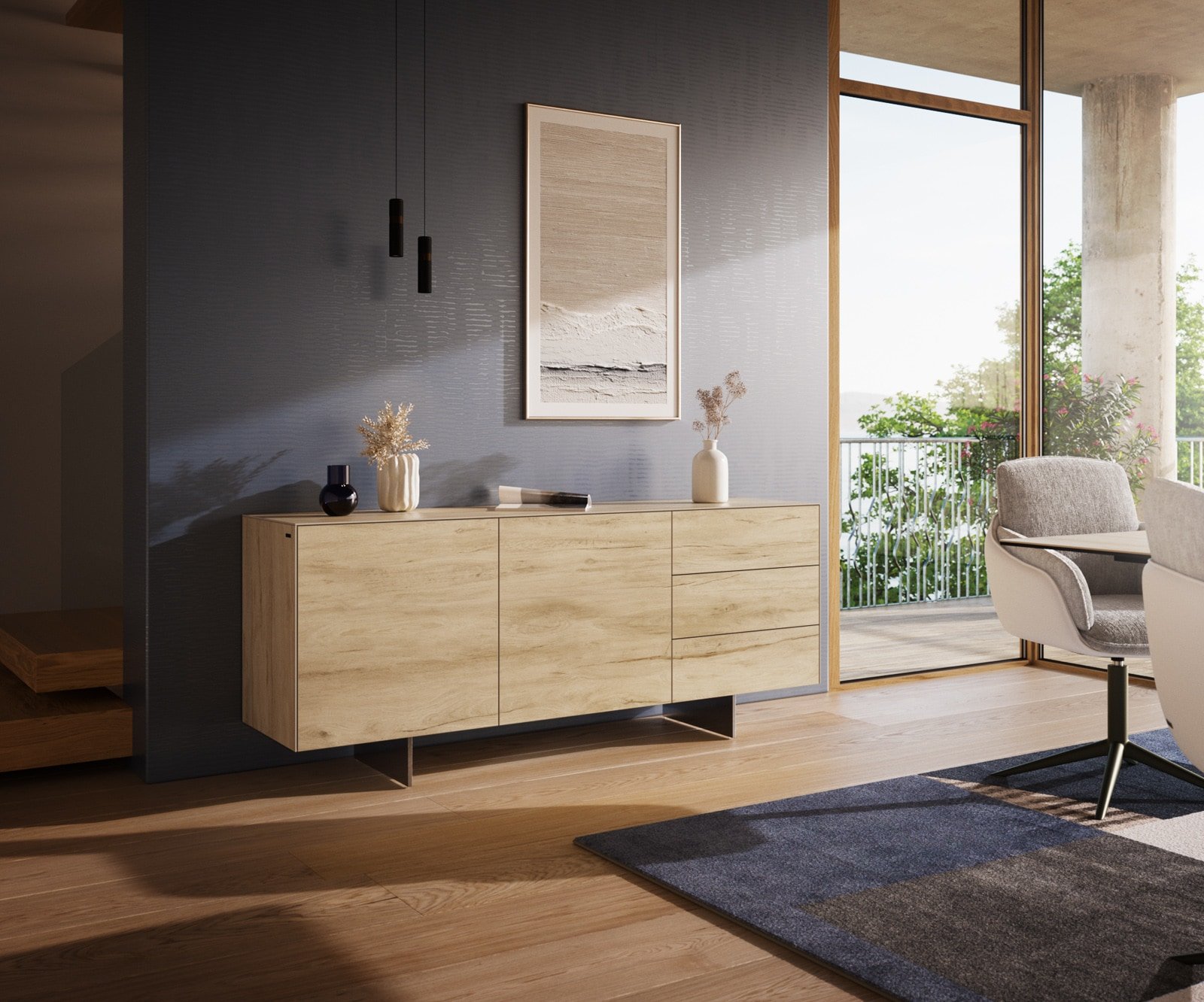 Sideboard Cuor 180 cm Keramik Laminam® Sabbia Eichefarbig 2 Türen 3 Schubfächer Fuß Schwebeoptik Edelstahl
