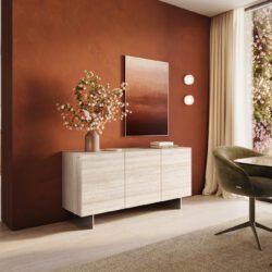 Sideboard Cuor 150 cm Keramik Laminam® Travertino Bianco Creme-Weiß 3 Türen Fuß Schwebeoptik Edelstahl