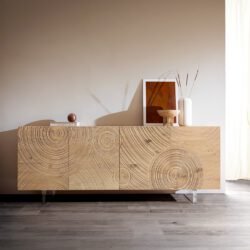 Sideboard Ashara 200 cm Eiche Natur 3D Effekt 4 Türen Fuß Schwebeoptik Acrylglas