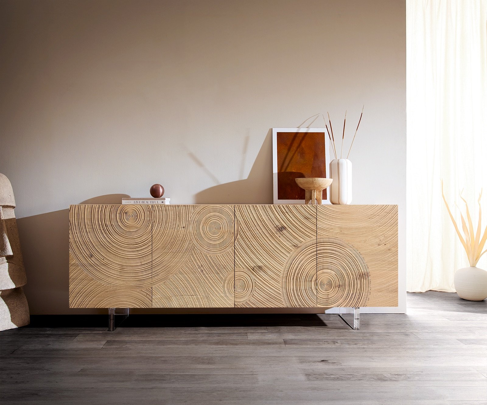 Sideboard Ashara 200 cm Eiche Natur 3D Effekt 4 Türen Fuß Schwebeoptik Acrylglas